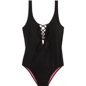 VS Pink Black Lace Up Low Back Swim- Size M- NWOT